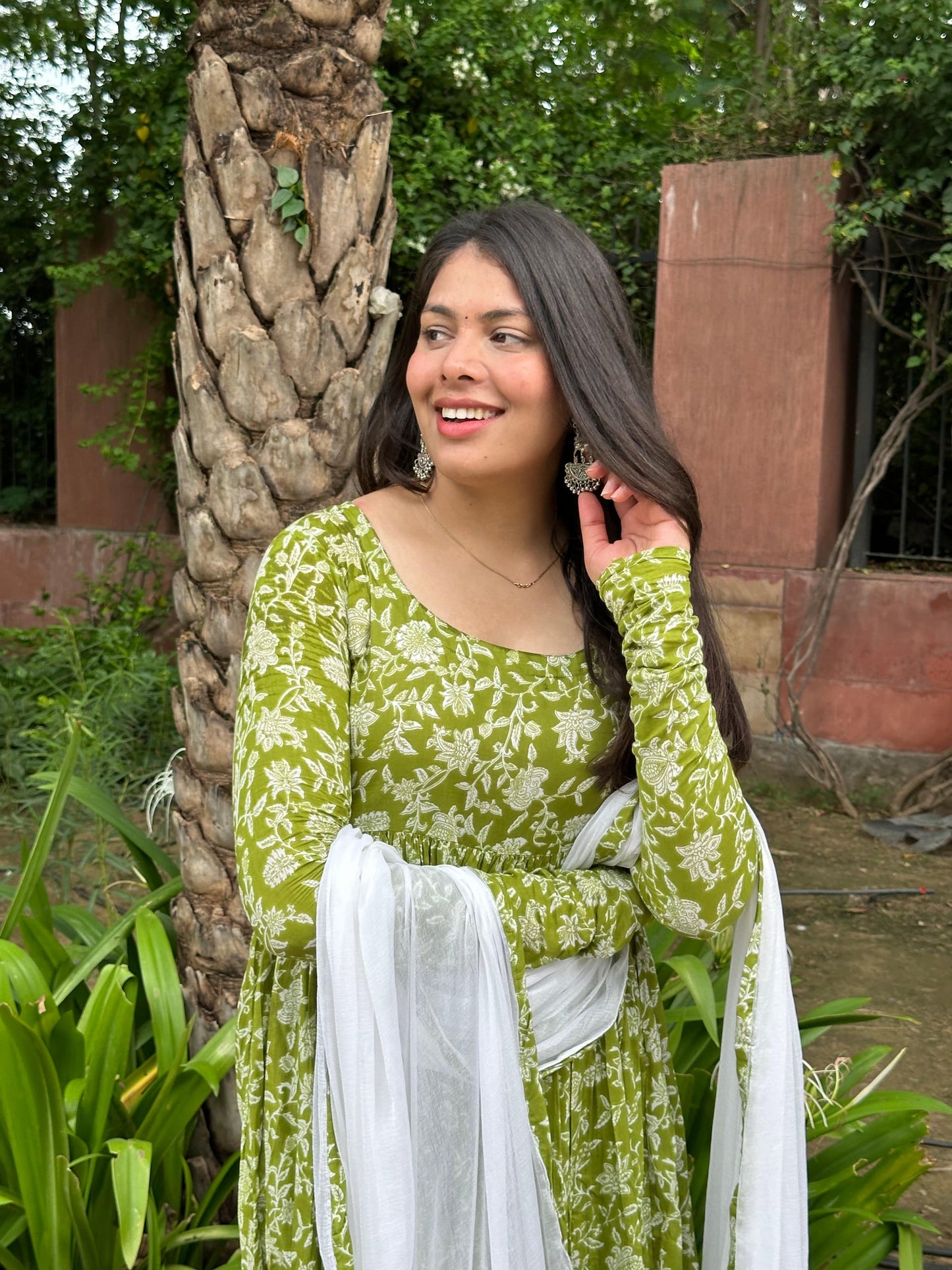 Ganga Leaf Floral Green Anhrakha Digital Printed Pure Cotton Anarkali Suit Set with Pant and Dupatta Kurtisthan