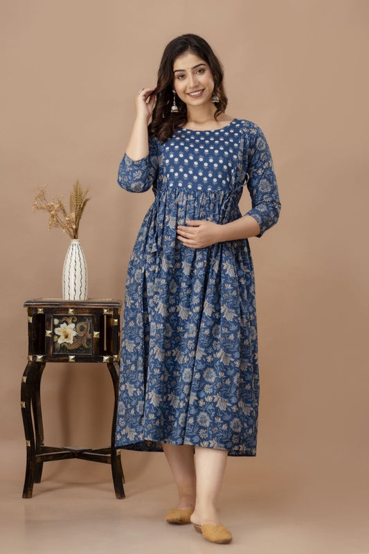 Lipika Stunning Floral Printed Round Neck Cotton Fit & Flare Maternity Midi Dress