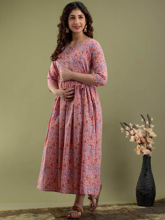 Prisha Stunning Floral Printed Round Neck Cotton Fit & Flare Maternity Midi Dress