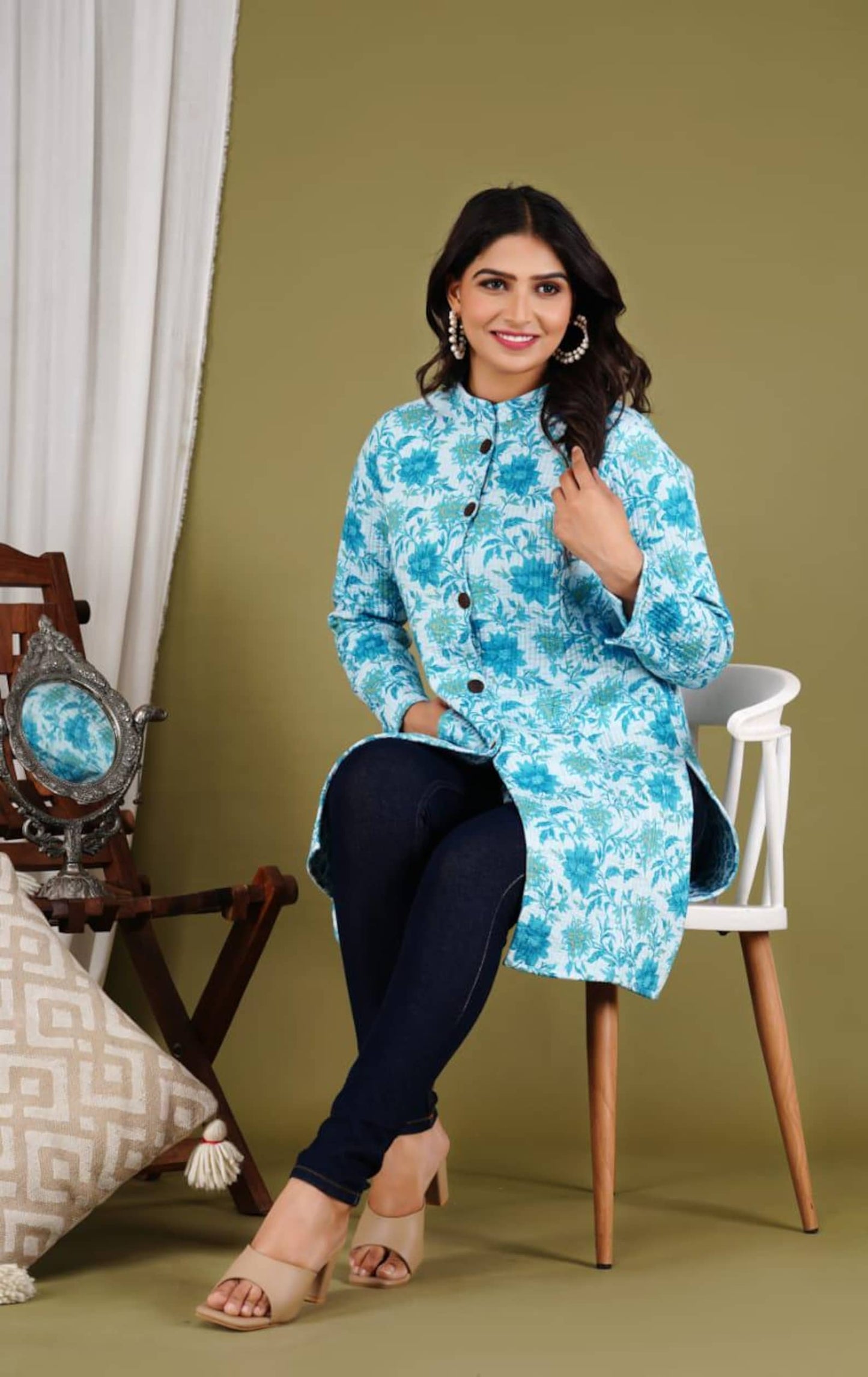 Reversible Cotton Printed Quilted Sky Blue Jacket for Women & Girls