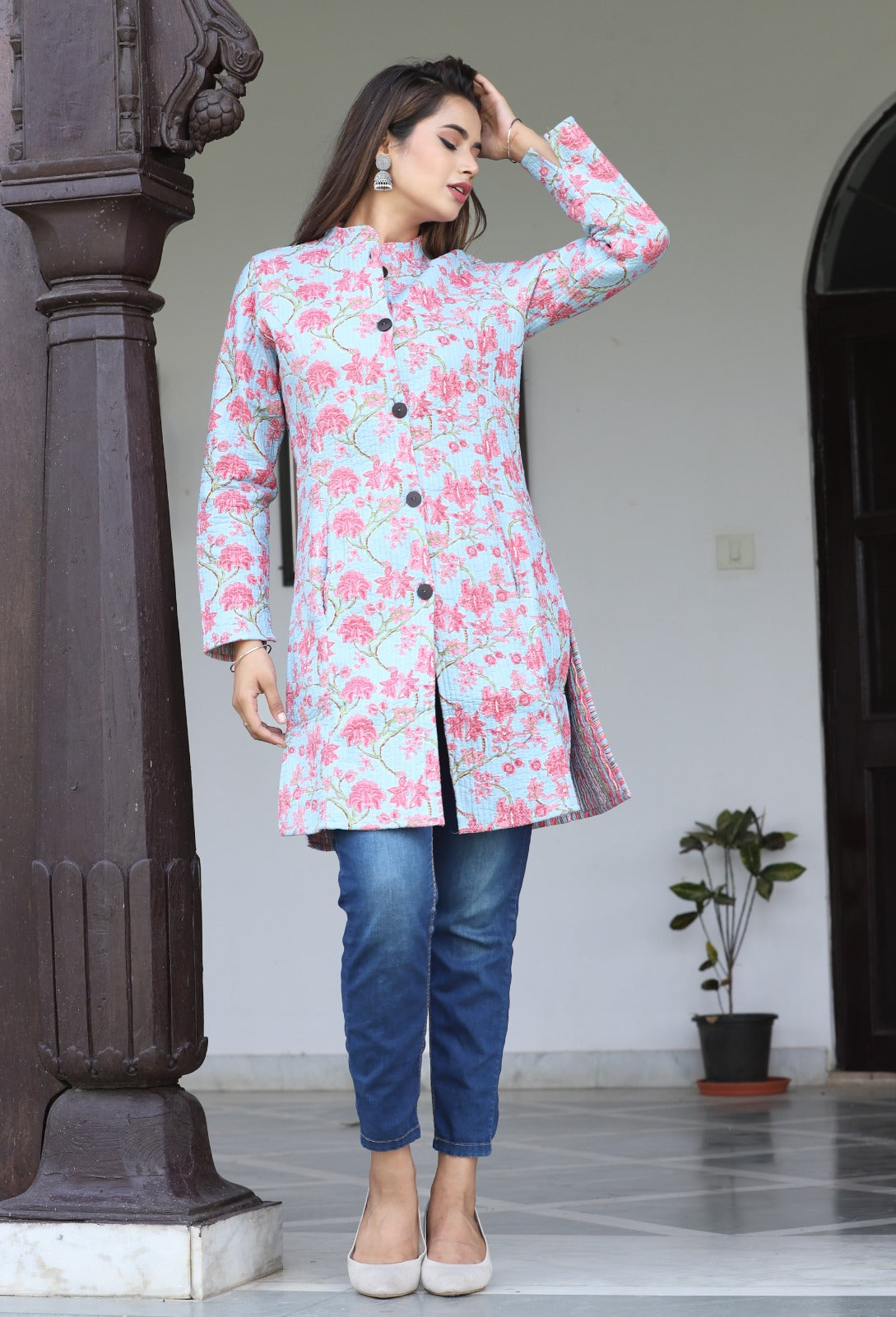 Reversible Cotton Printed Quilted Blue Jacket for Women & Girls