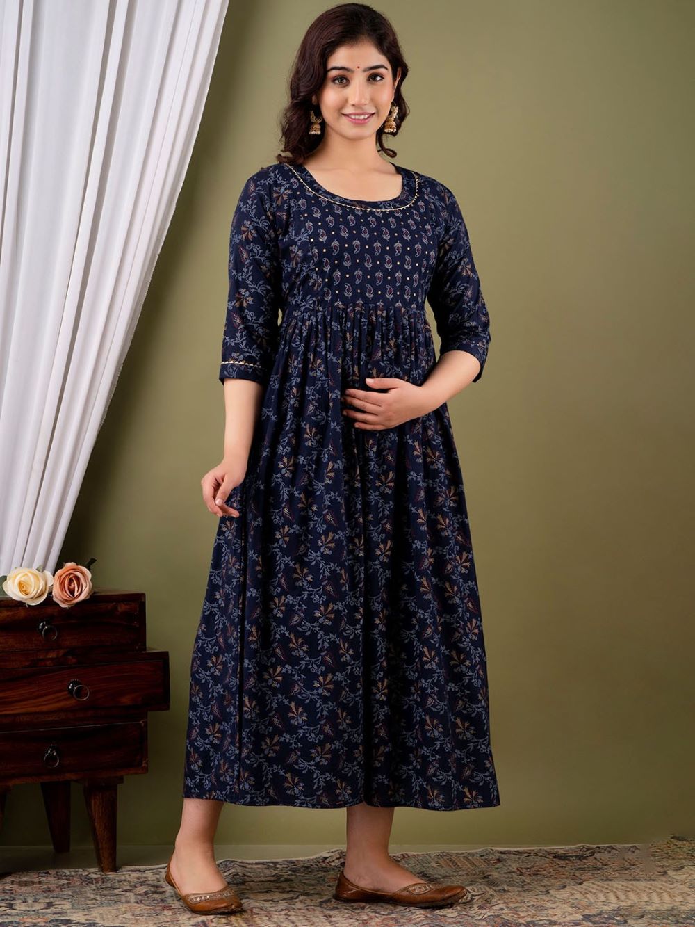 Gaurika Stunning Floral Printed Round Neck Cotton Fit & Flare Maternity Midi Dress