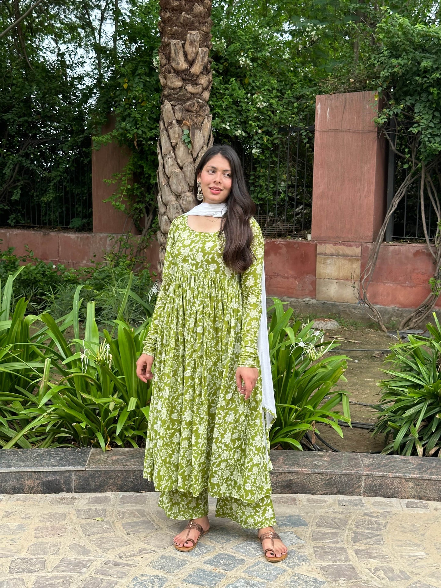 Ganga Leaf Floral Green Anhrakha Digital Printed Pure Cotton Anarkali Suit Set with Pant and Dupatta Kurtisthan