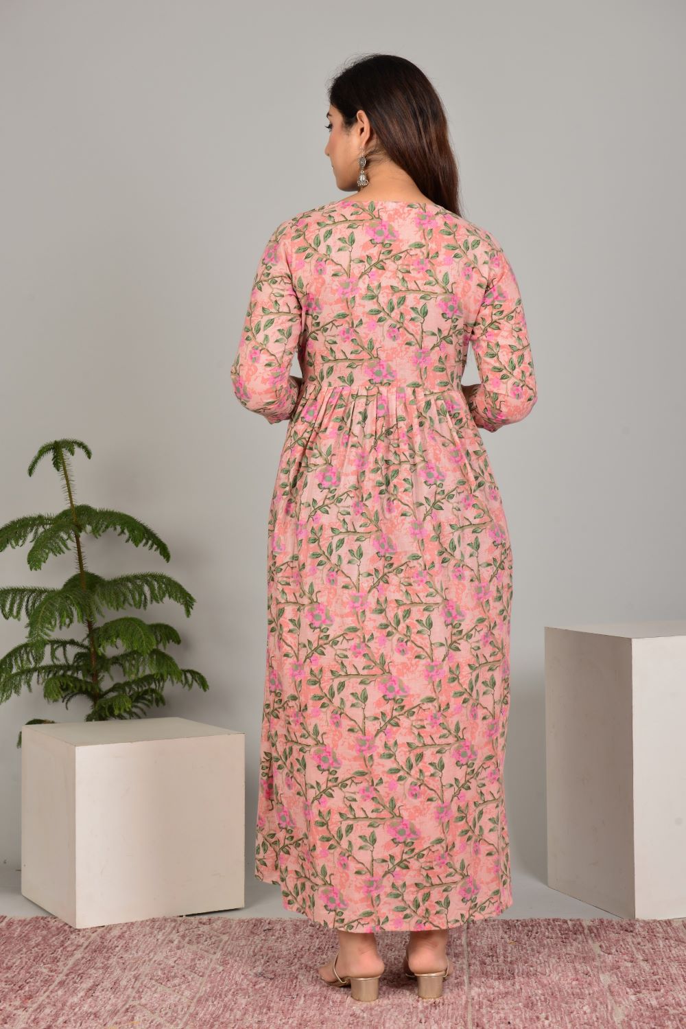 Eiravati Stunning Floral Printed Round Neck Cotton Fit & Flare Maternity Midi Dress