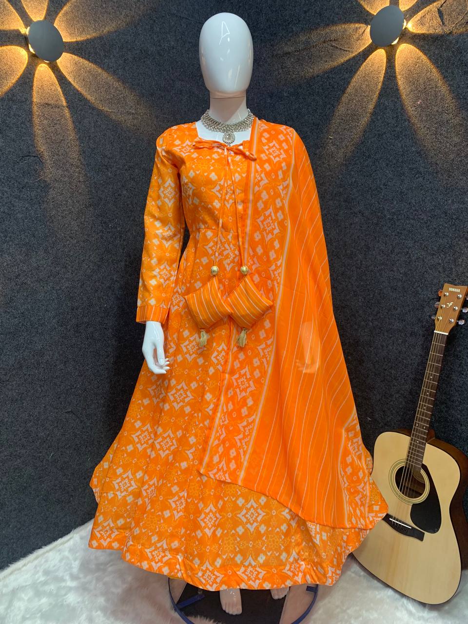 Takshvi Yellow Printed Flared Cotton Anarkali Suit Set With Side Dori Tasselsv, Pant & Dupatta Kurtisthan