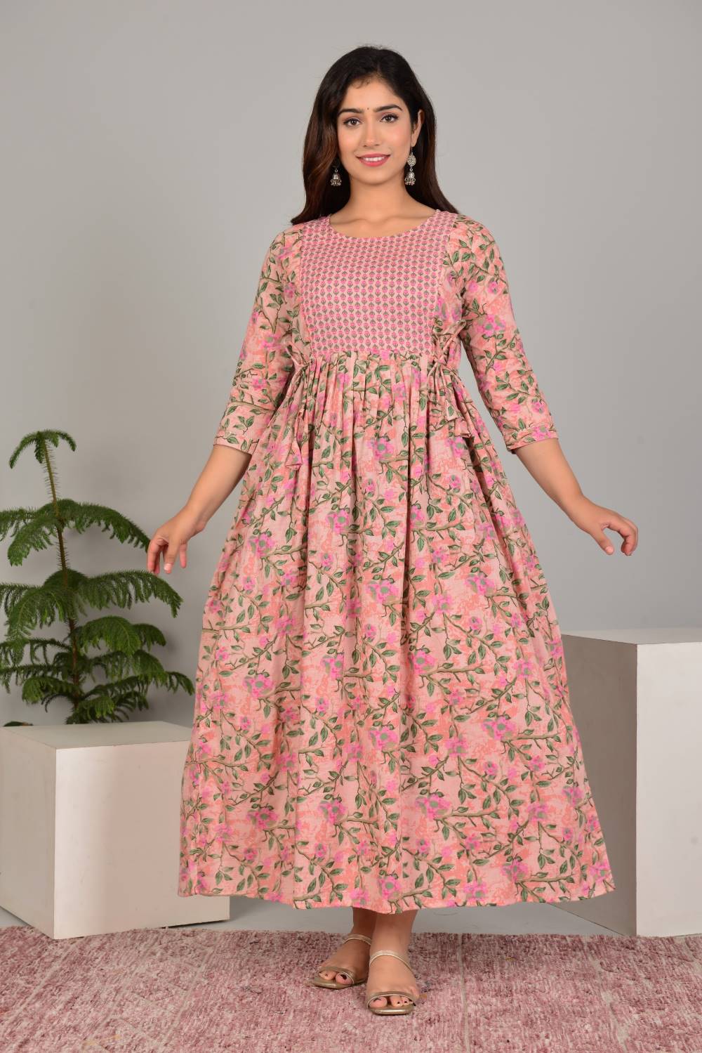 Eiravati Stunning Floral Printed Round Neck Cotton Fit & Flare Maternity Midi Dress