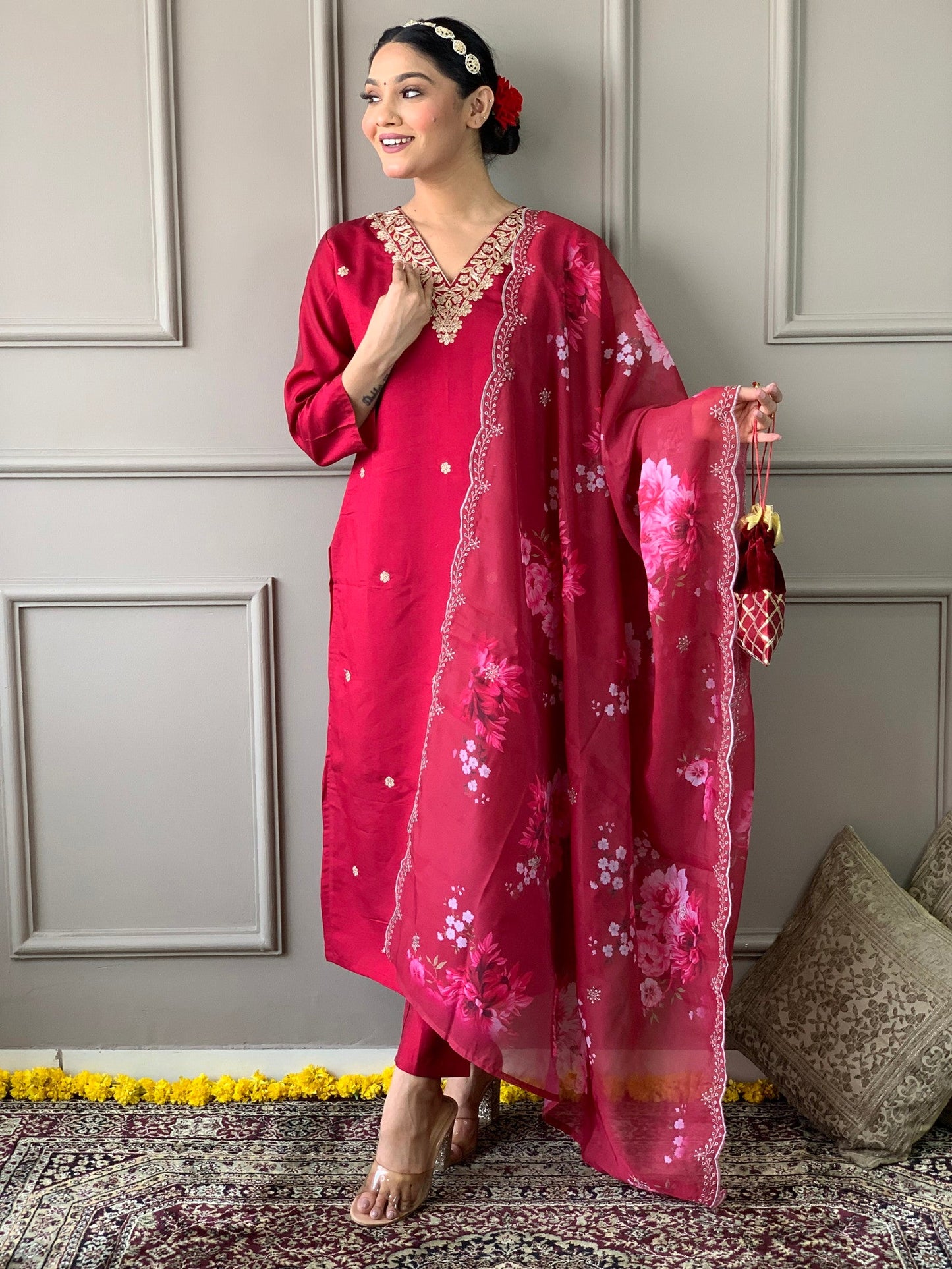 Radhika Floral Embroidered Design Work Viscose Chanderi Silk Kurta with Pant & Dupatta Kurtisthan