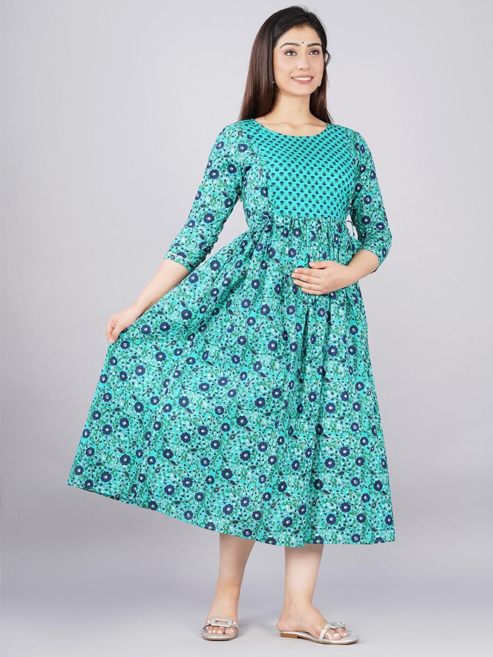 Omisha Stunning Floral Printed Round Neck Cotton Fit & Flare Maternity Midi Dress