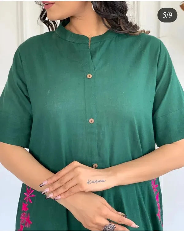 Pranita Dark Green Floral Embroidered South Cotton Kurta and Palazzo Set with two Side Pocket Kurtisthan