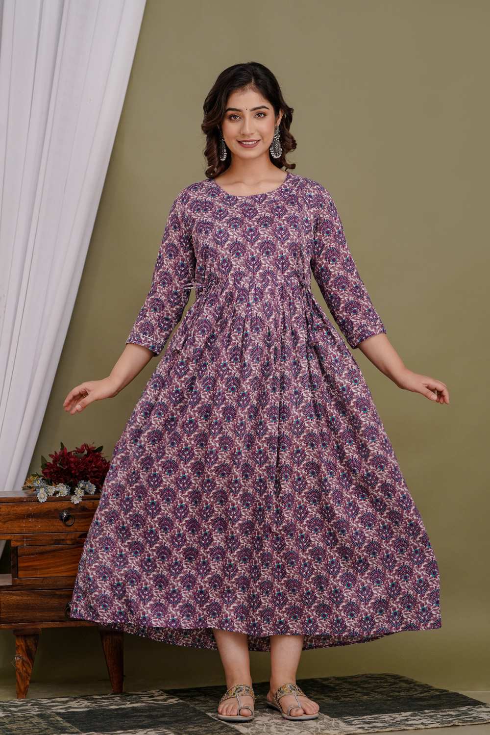 Ekanta Stunning Floral Printed Round Neck Cotton Fit & Flare Maternity Midi Dress