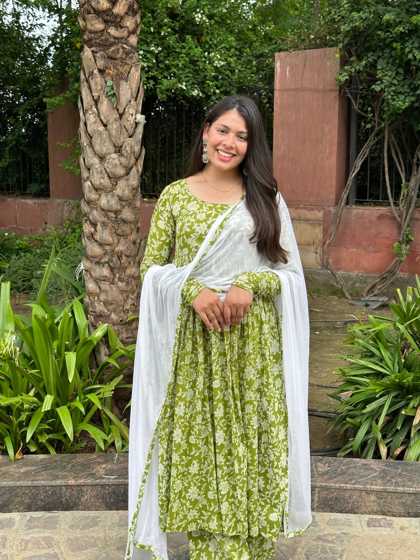 Ganga Leaf Floral Green Anhrakha Digital Printed Pure Cotton Anarkali Suit Set with Pant and Dupatta Kurtisthan