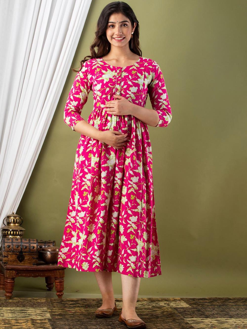 Charvi Stunning Floral Printed Round Neck Cotton Fit & Flare Maternity Midi Dress