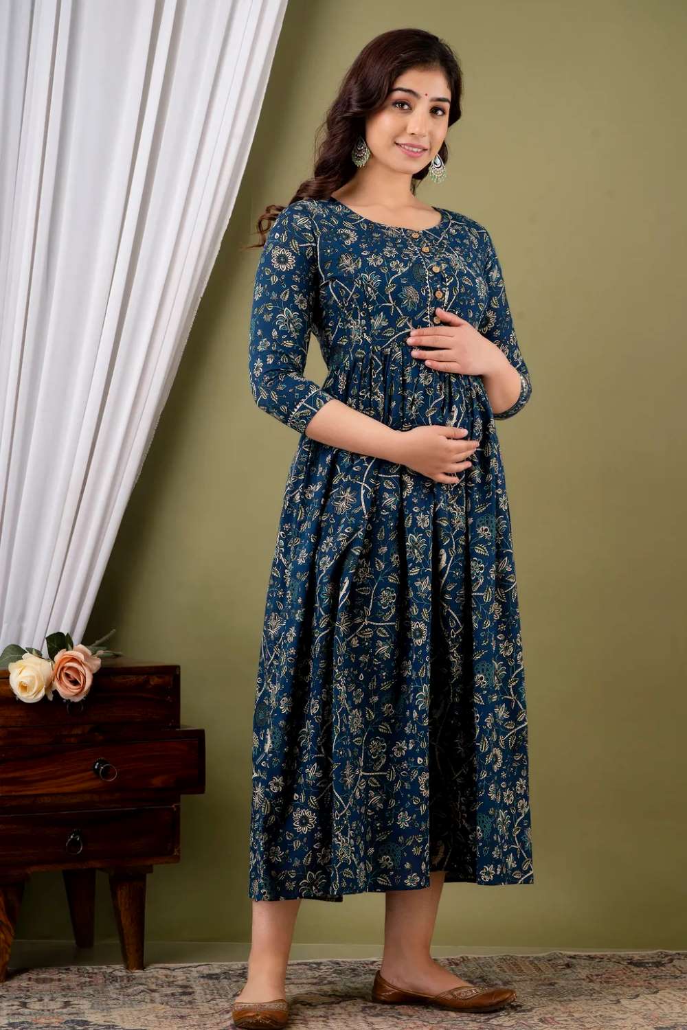 Irya Stunning Floral Printed Round Neck Cotton Fit & Flare Maternity Midi Dress