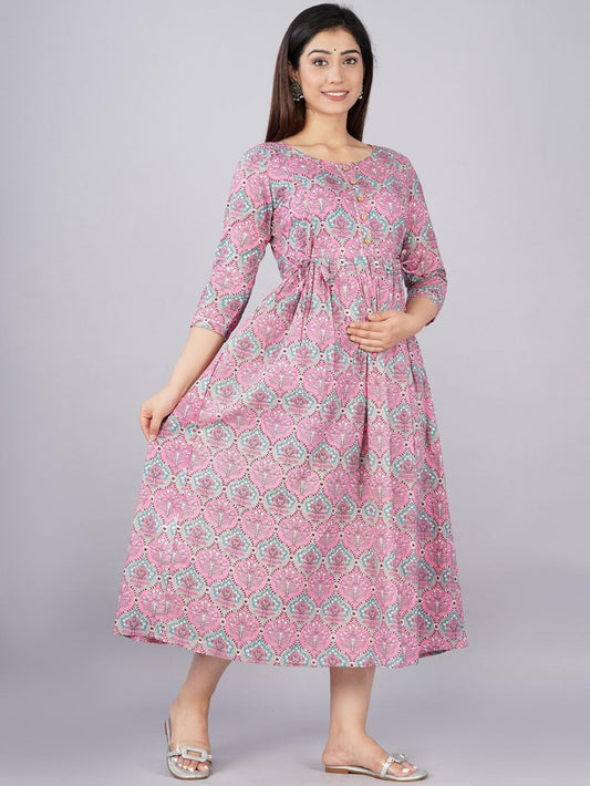 Kashish Stunning Floral Printed Round Neck Cotton Fit & Flare Maternity Midi Dress