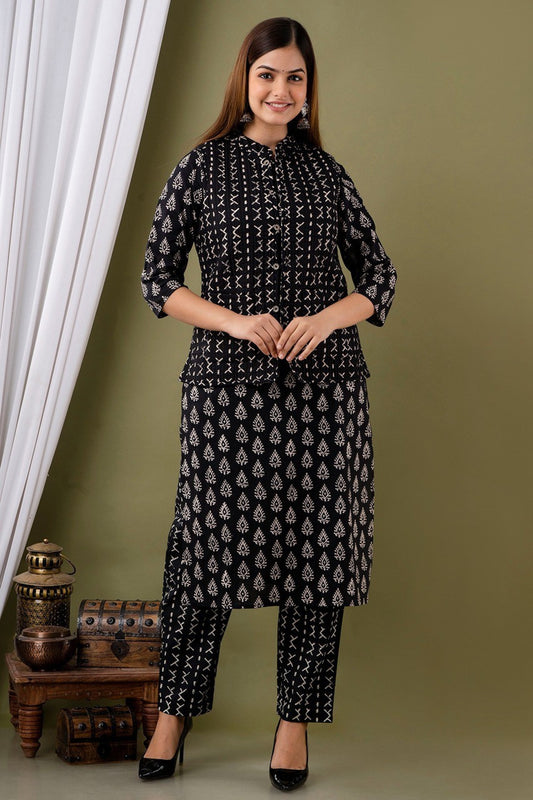 Malati Stunning Reddish Black Printed Long Kurti With Pant And Jacket Set