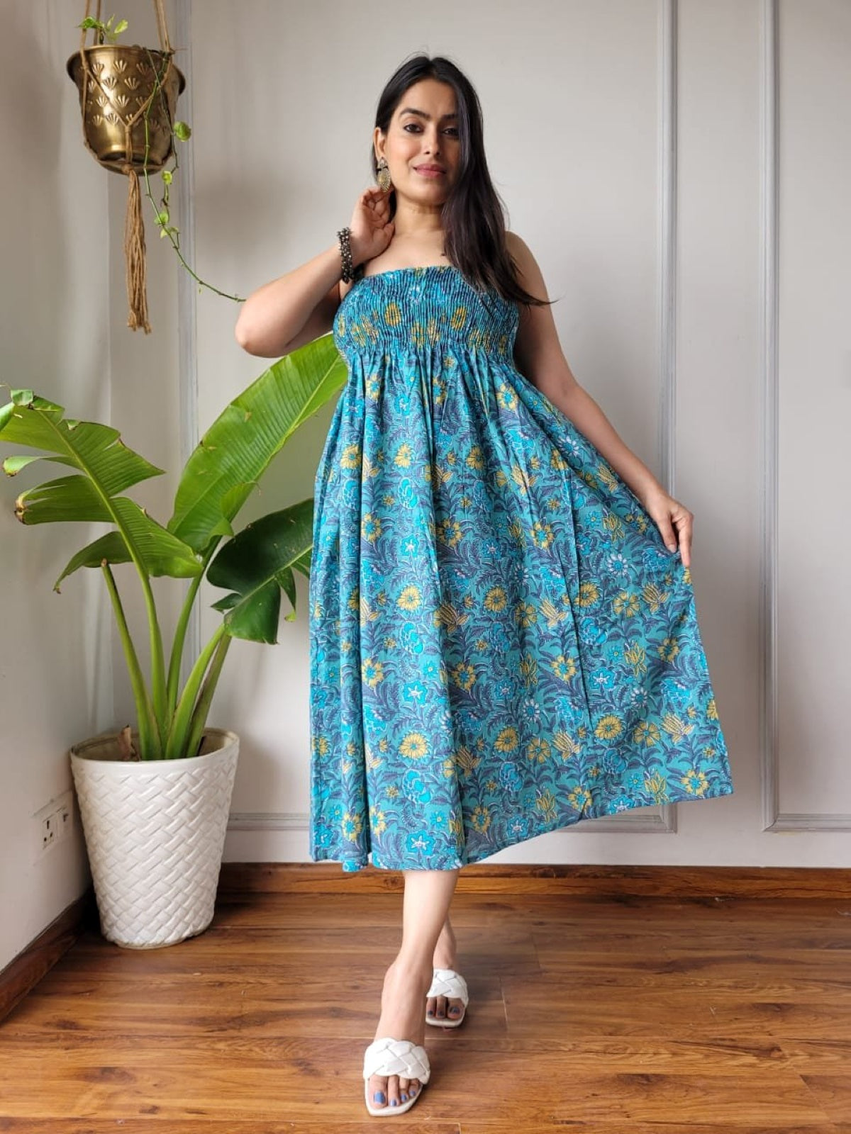 Kritika Wine Blue Floral Indian Hand Block Printed Cotton Dress for Wedding and Festivals Kurtisthan