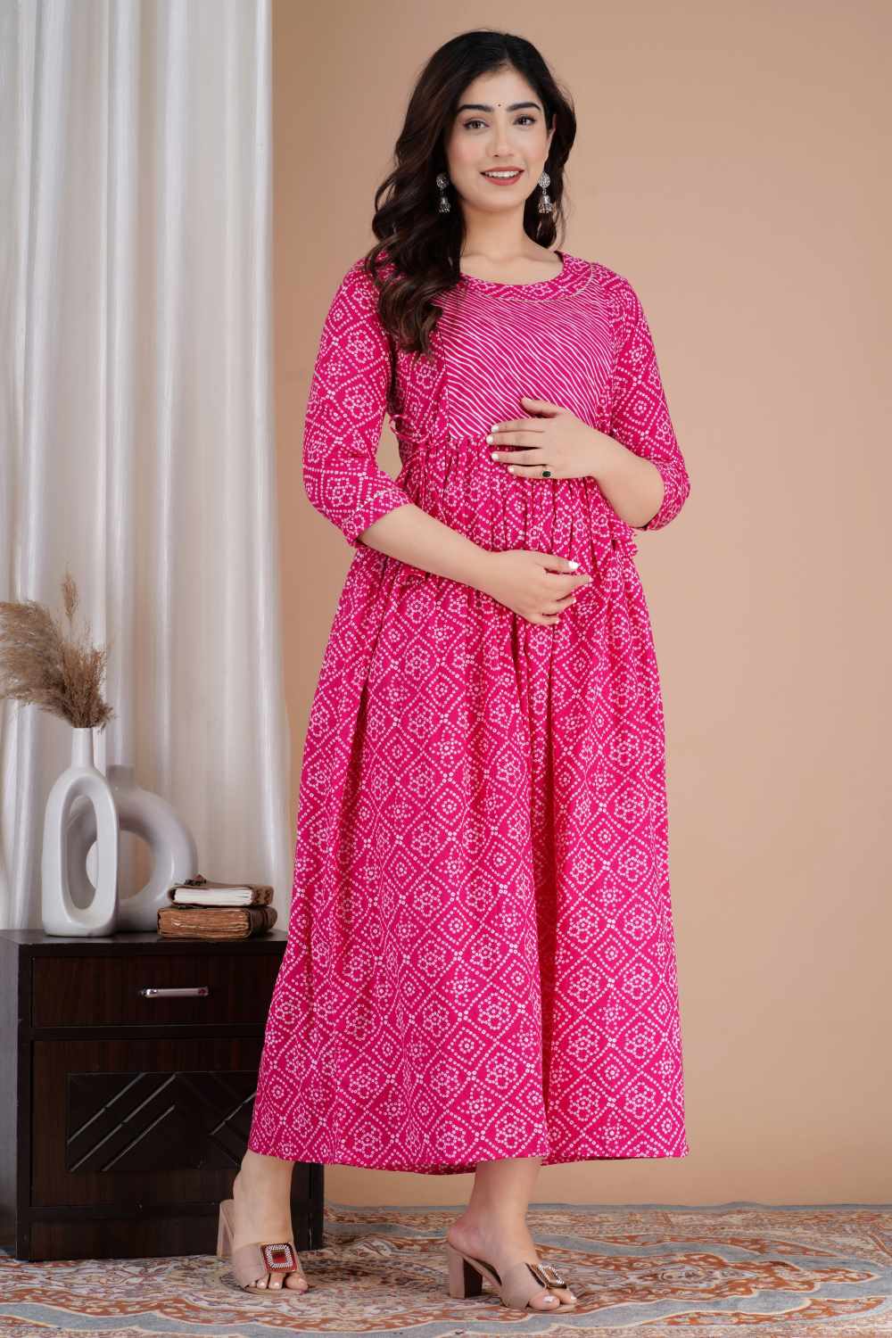 Edhitha Stunning Floral Printed Round Neck Cotton Fit & Flare Maternity Midi Dress