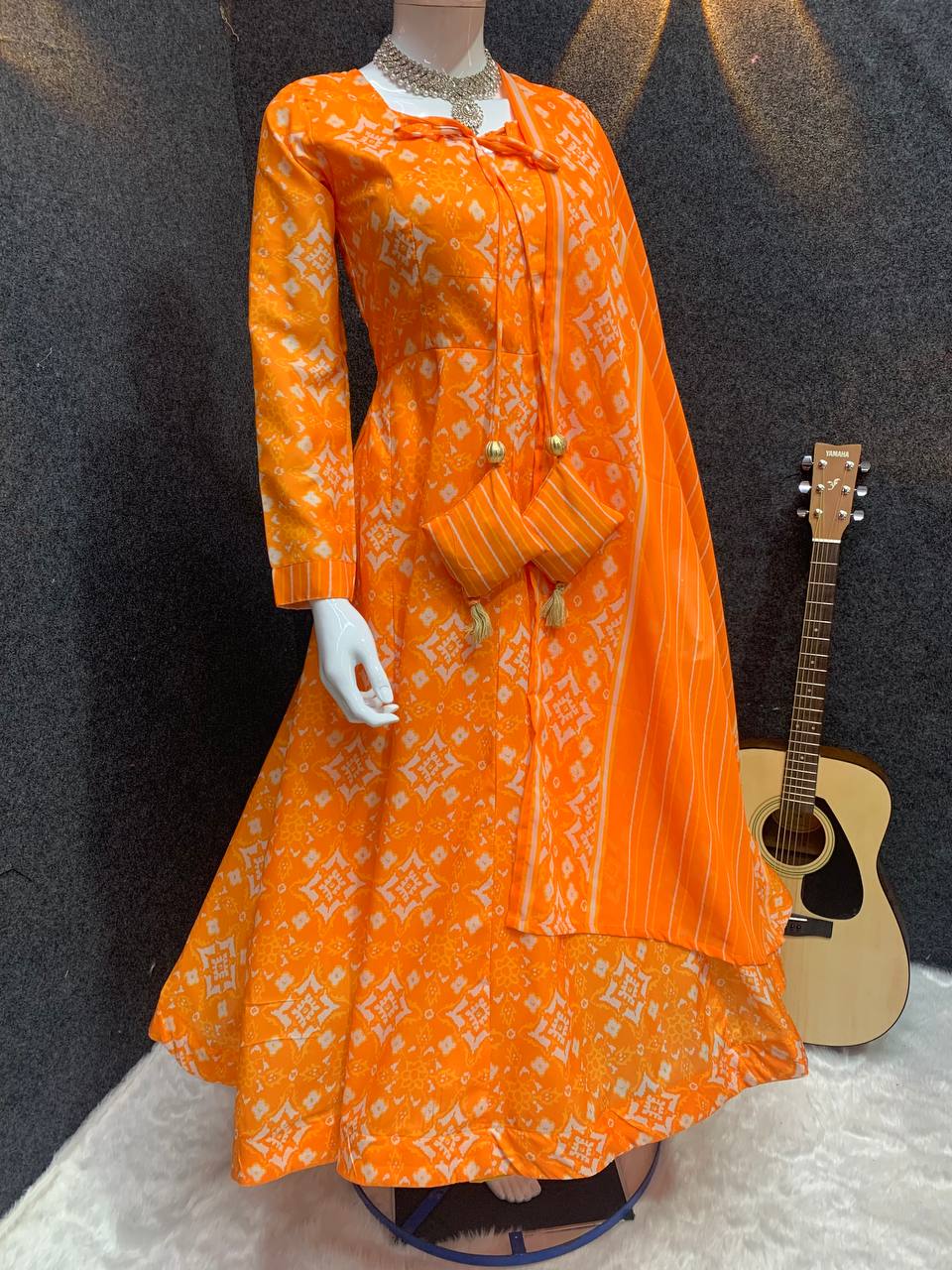 Takshvi Yellow Printed Flared Cotton Anarkali Suit Set With Side Dori Tasselsv, Pant & Dupatta Kurtisthan