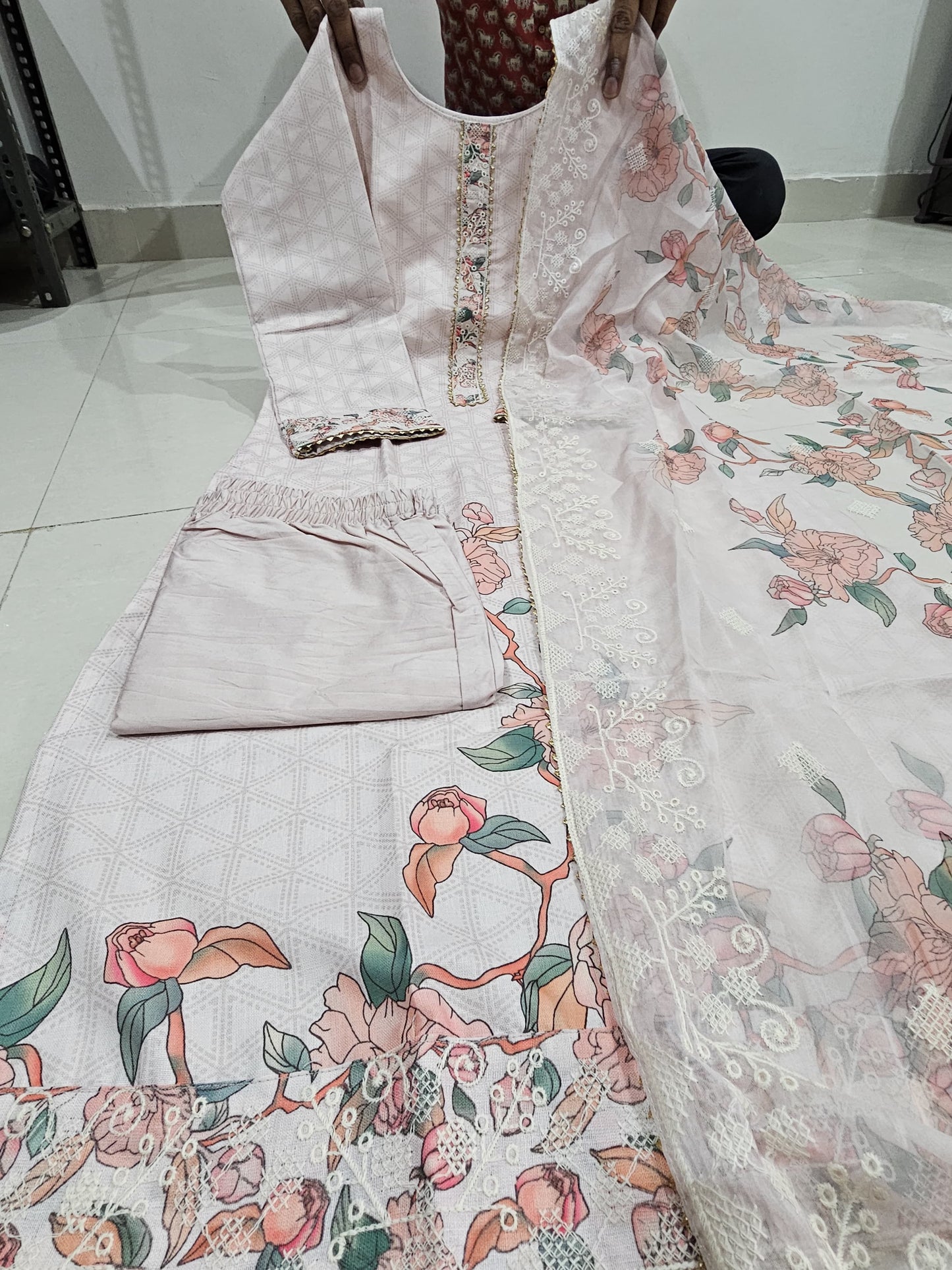 Shristhee Ethnic Embroidered Thread Work Printed Off White Shadow Kurta with Trousers & Dupatta Kurtisthan