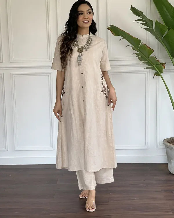 Dakshita Cream Floral Embroidered South Cotton Kurta and Palazzo Set with two Side Pocket Kurtisthan