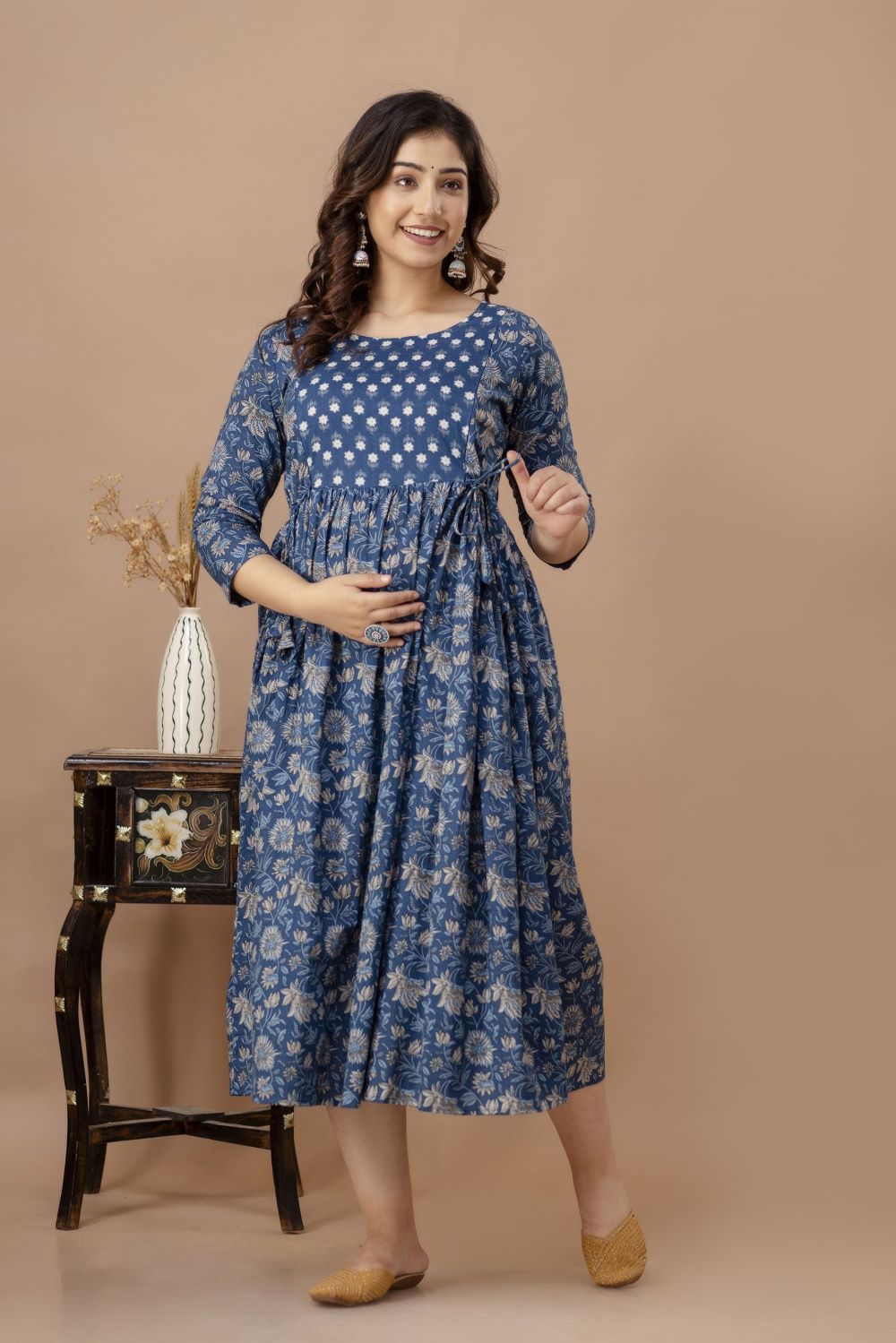 Lipika Stunning Floral Printed Round Neck Cotton Fit & Flare Maternity Midi Dress