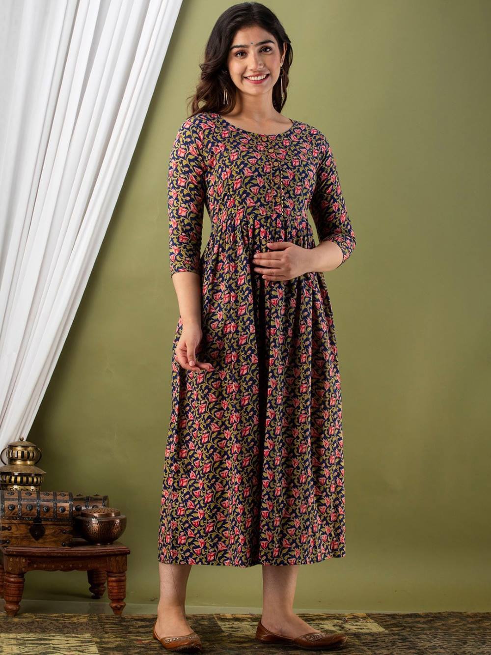 Lajita Stunning Floral Printed Round Neck Cotton Fit & Flare Maternity Midi Dress