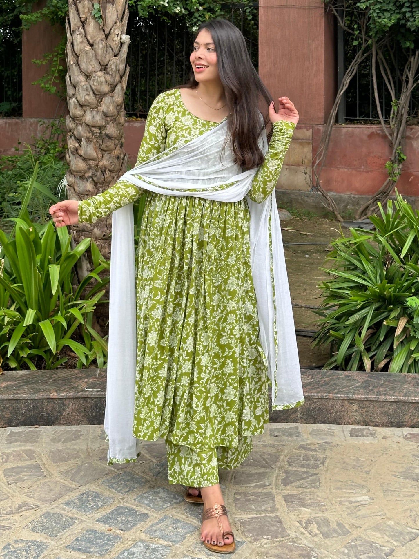 Ganga Leaf Floral Green Anhrakha Digital Printed Pure Cotton Anarkali Suit Set with Pant and Dupatta Kurtisthan