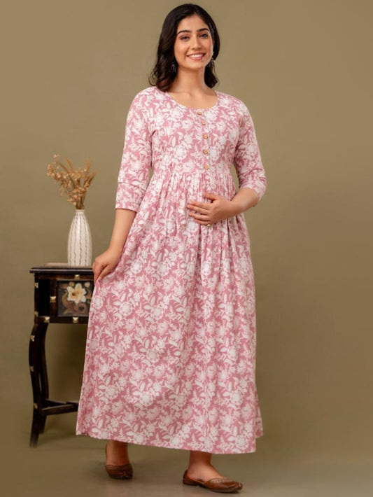 Keya Stunning Floral Printed Round Neck Cotton Fit & Flare Maternity Midi Dress