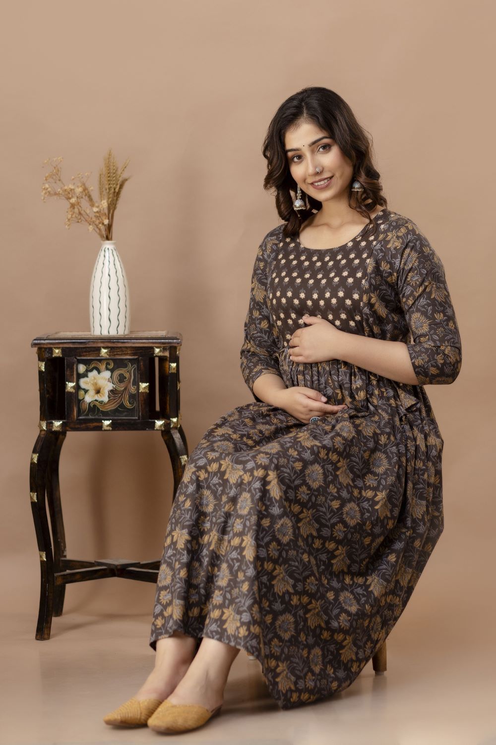 Dipta Stunning Floral Printed Round Neck Cotton Fit & Flare Maternity Midi Dress