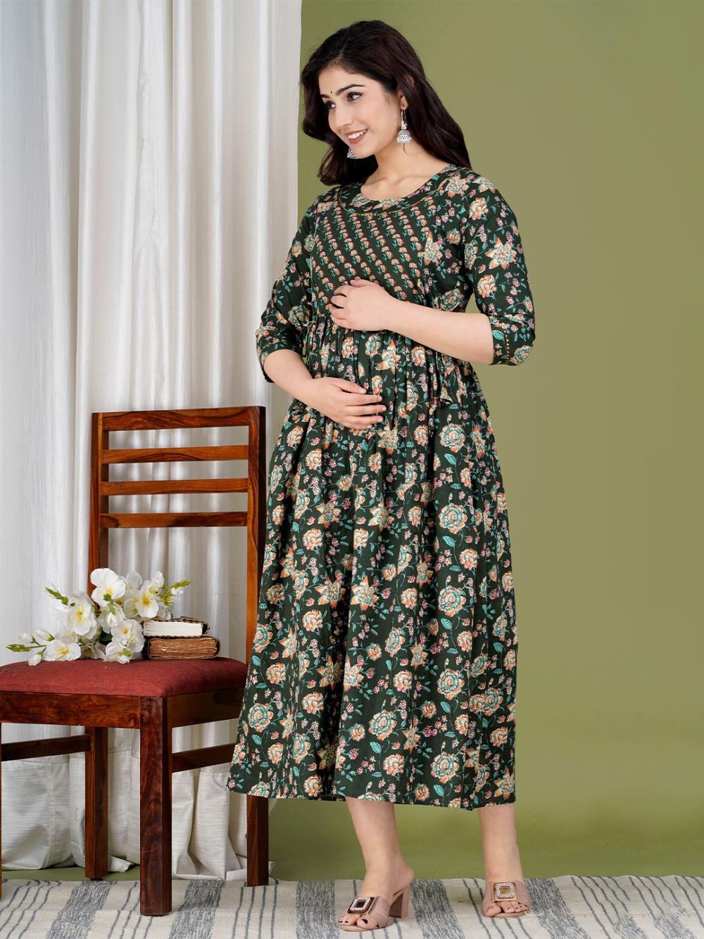 Pallavi Stunning Floral Printed Round Neck Cotton Fit & Flare Maternity Midi Dress