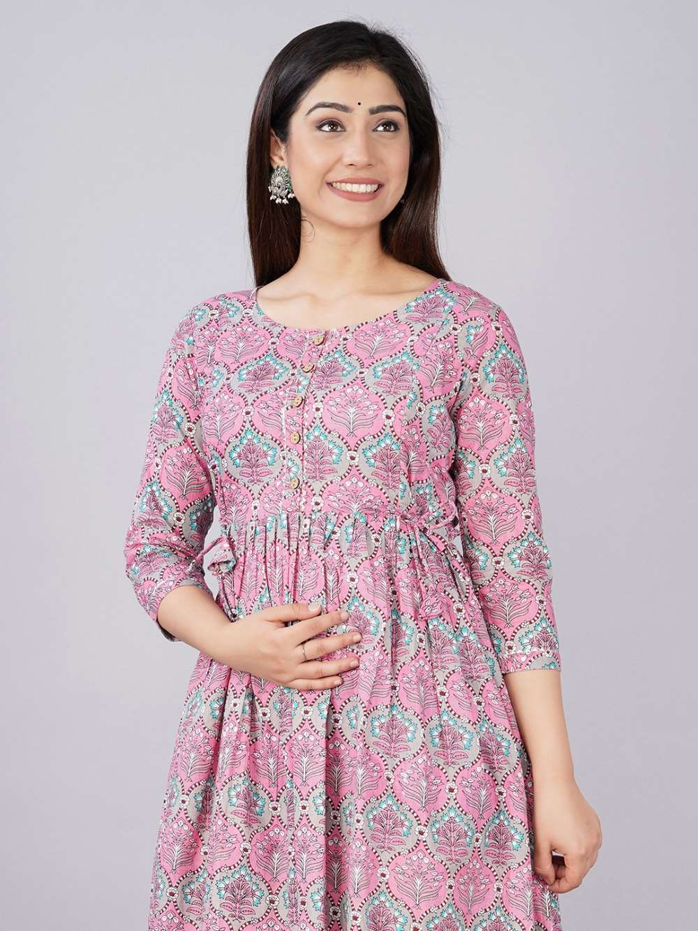 Kashish Stunning Floral Printed Round Neck Cotton Fit & Flare Maternity Midi Dress