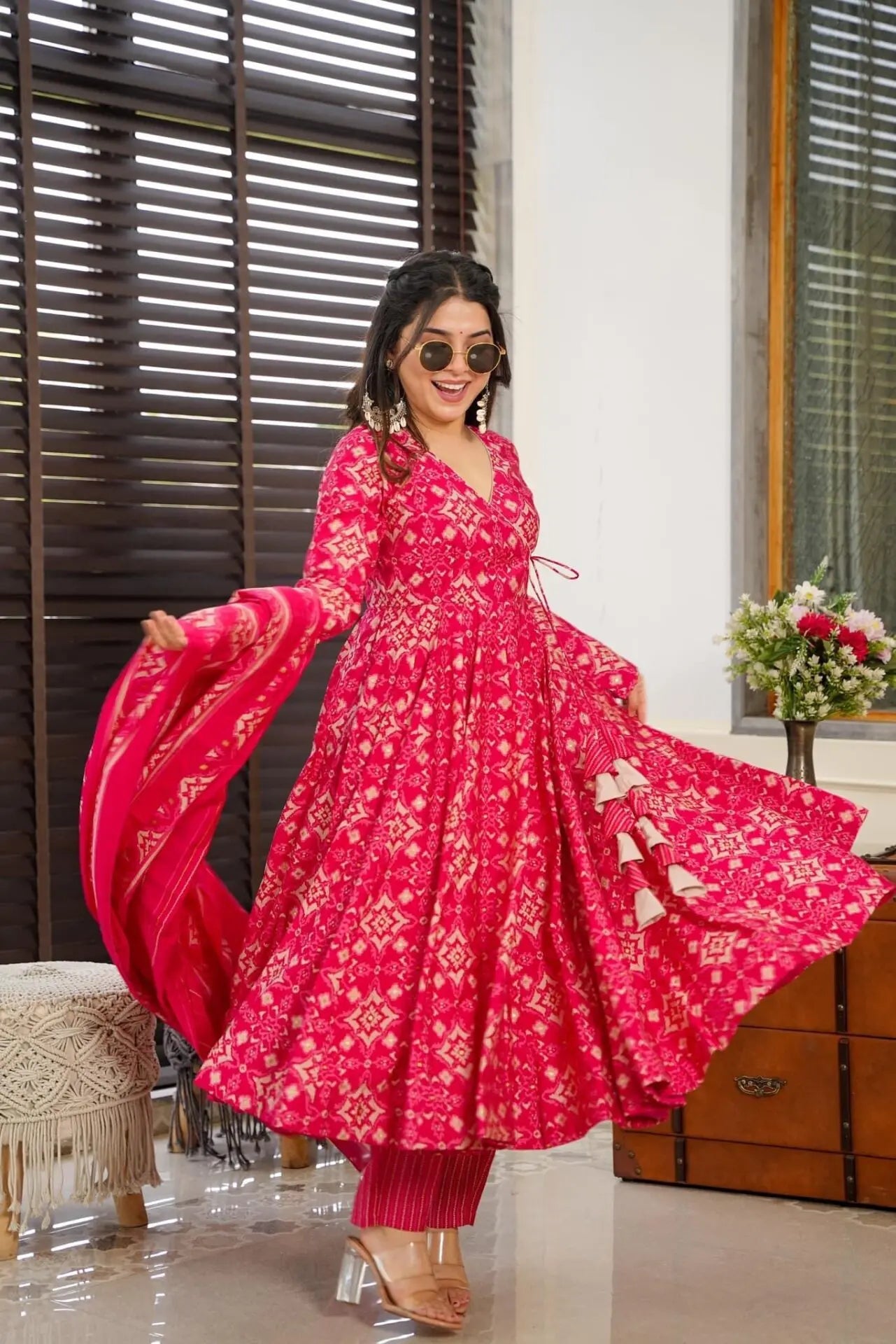 Tanushka Pink Muslin Digital Printed Anarkali Suit Set with Pant and Dupatta Kurtisthan