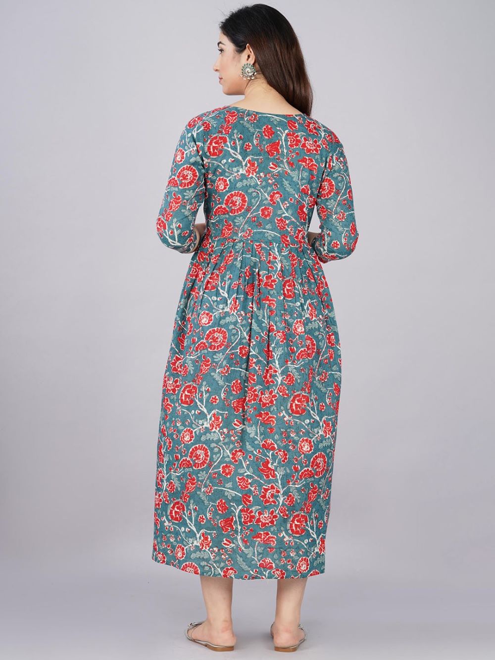 Janya Stunning Floral Printed Round Neck Cotton Fit & Flare Maternity Midi Dress