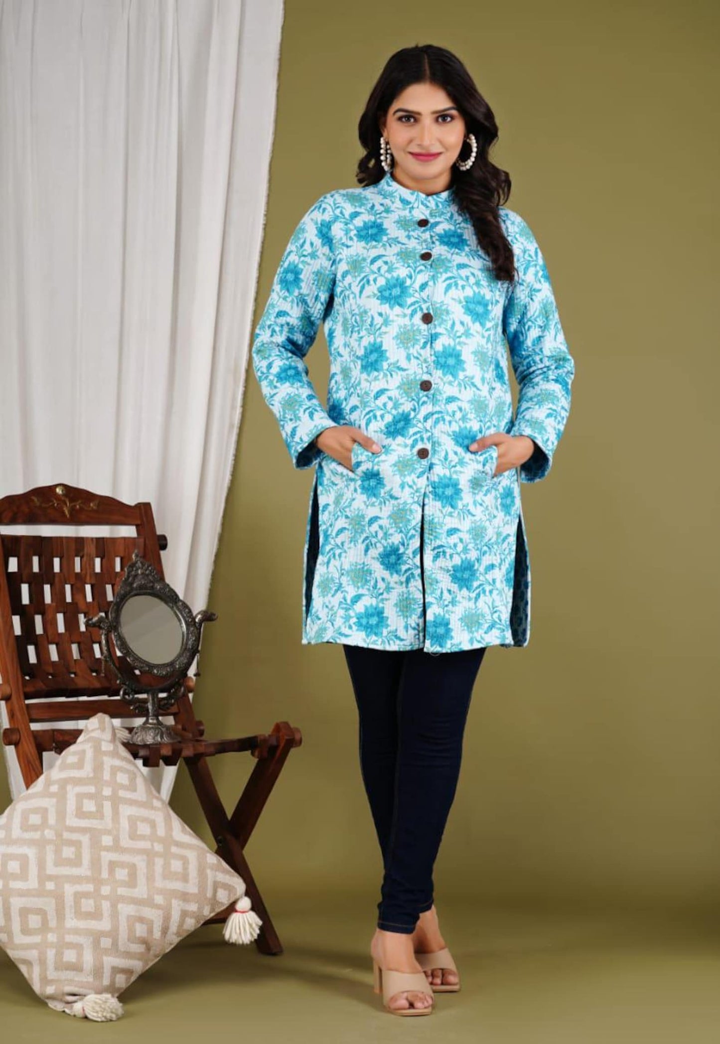 Reversible Cotton Printed Quilted Sky Blue Jacket for Women & Girls