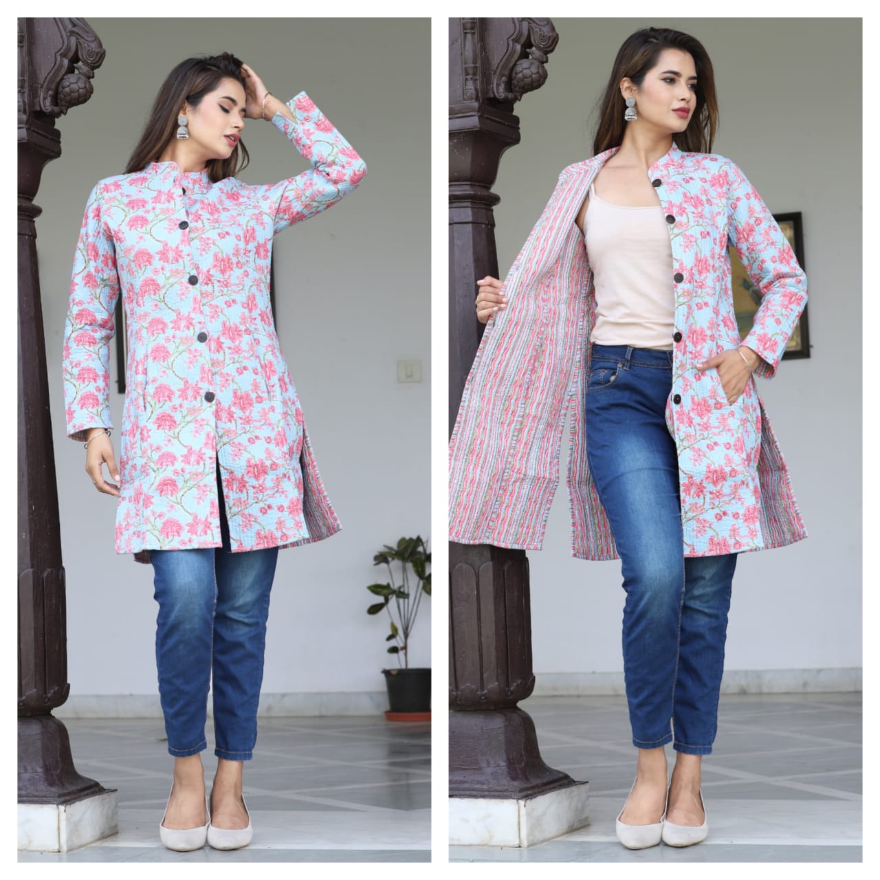 Reversible Cotton Printed Quilted Blue Jacket for Women & Girls