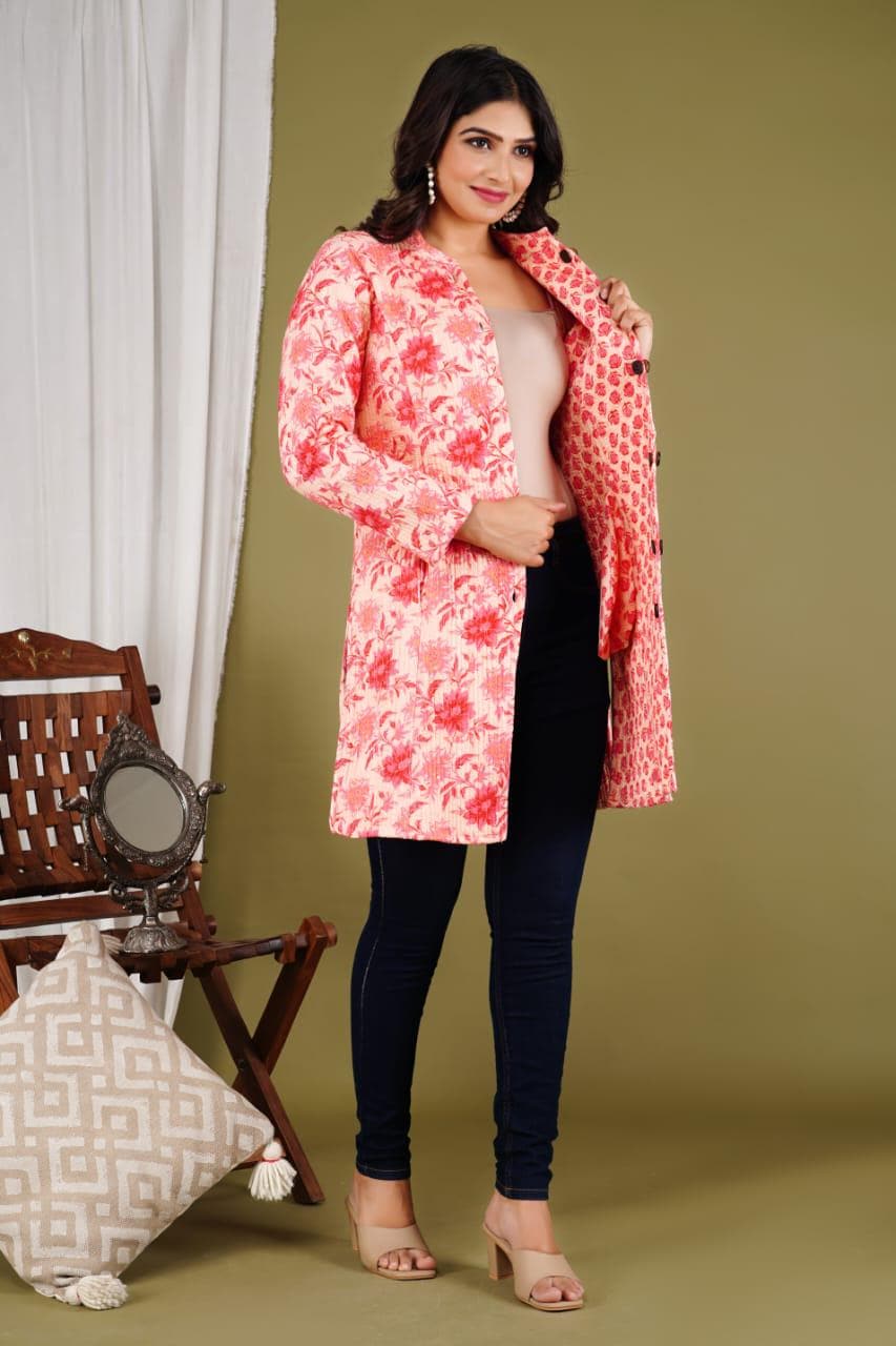 Reversible Cotton Printed Quilted Pink Jacket for Women & Girls