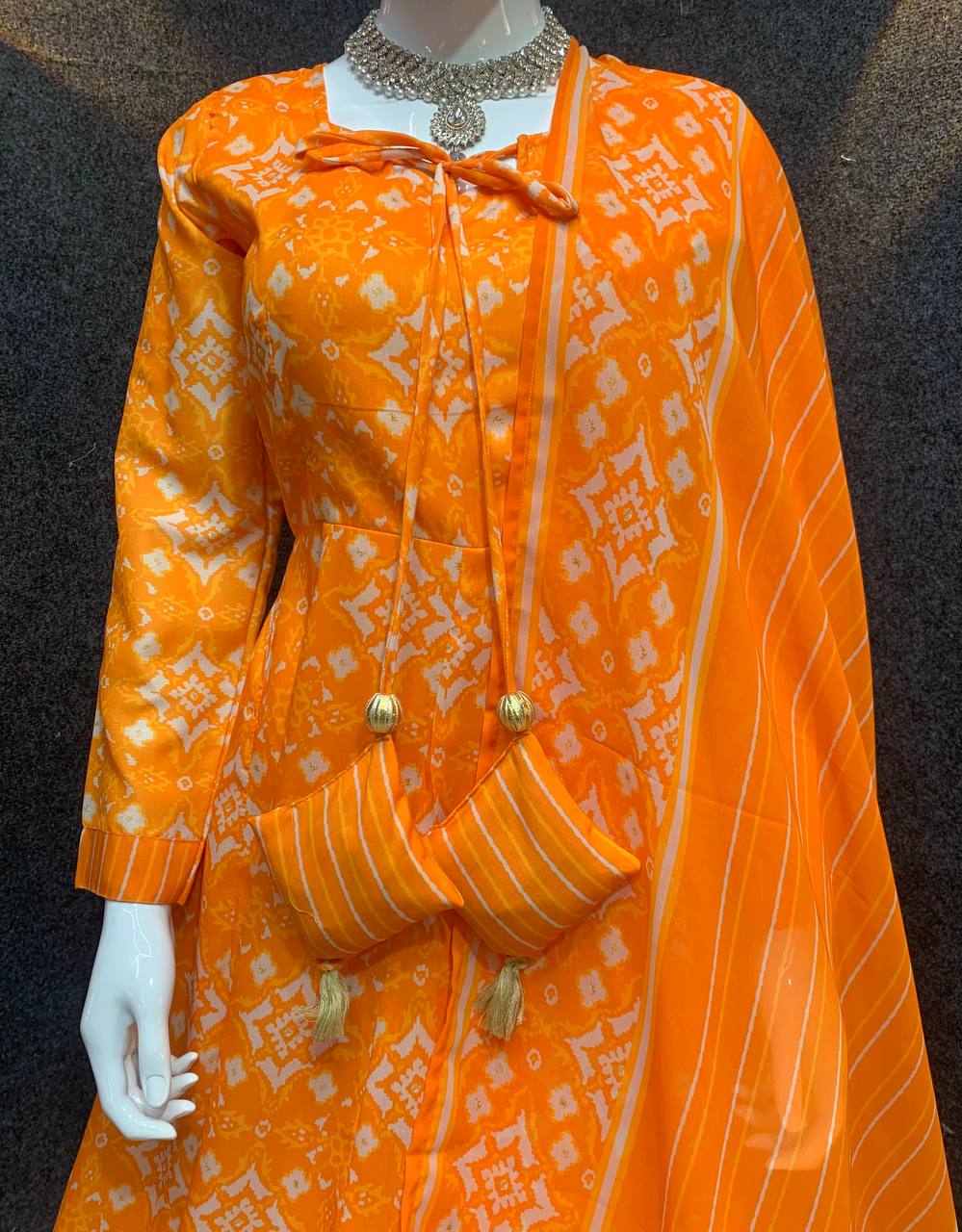 Takshvi Yellow Printed Flared Cotton Anarkali Suit Set With Side Dori Tasselsv, Pant & Dupatta Kurtisthan