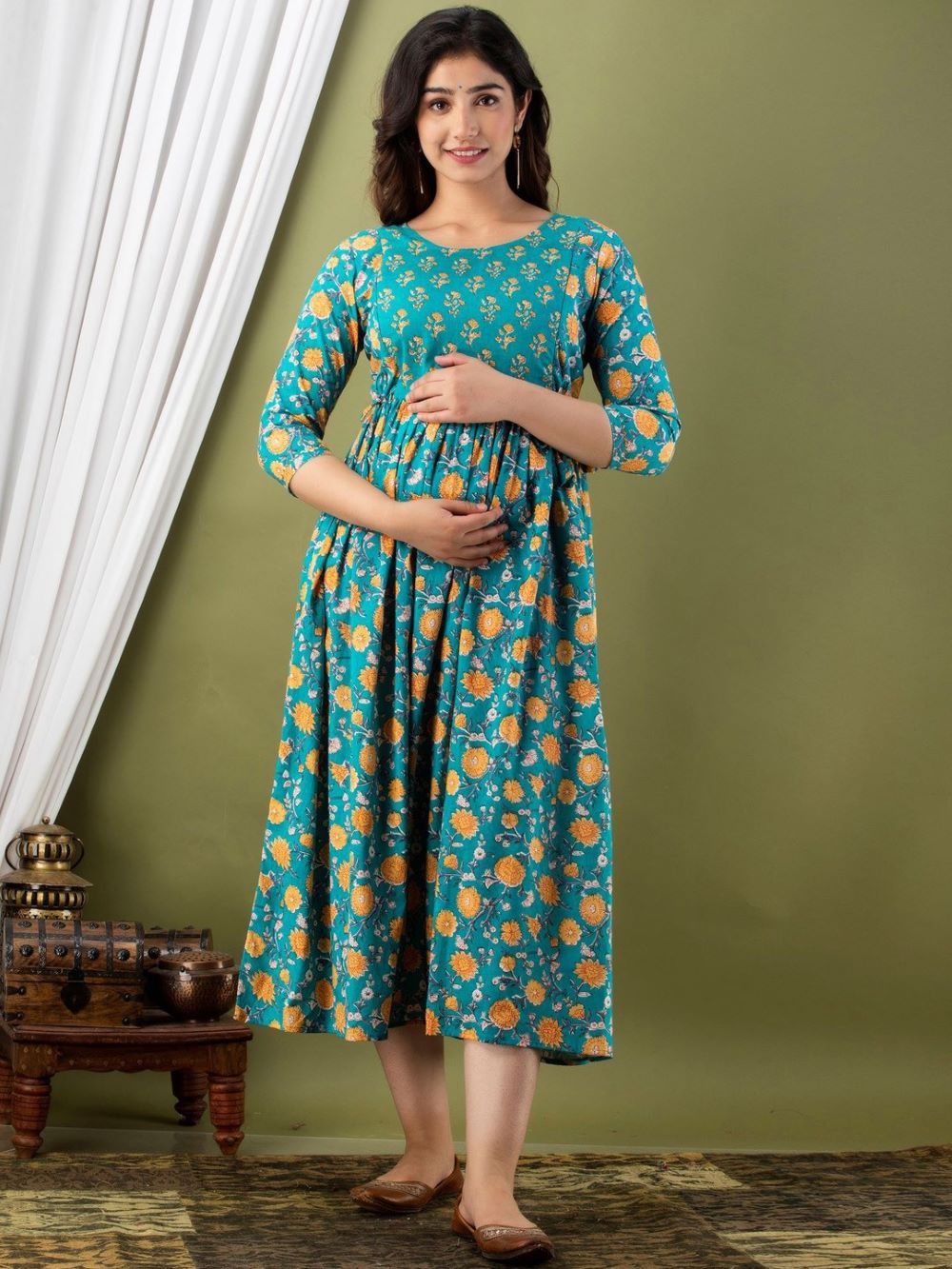 Nitara Stunning Floral Printed Round Neck Cotton Fit & Flare Maternity Midi Dress