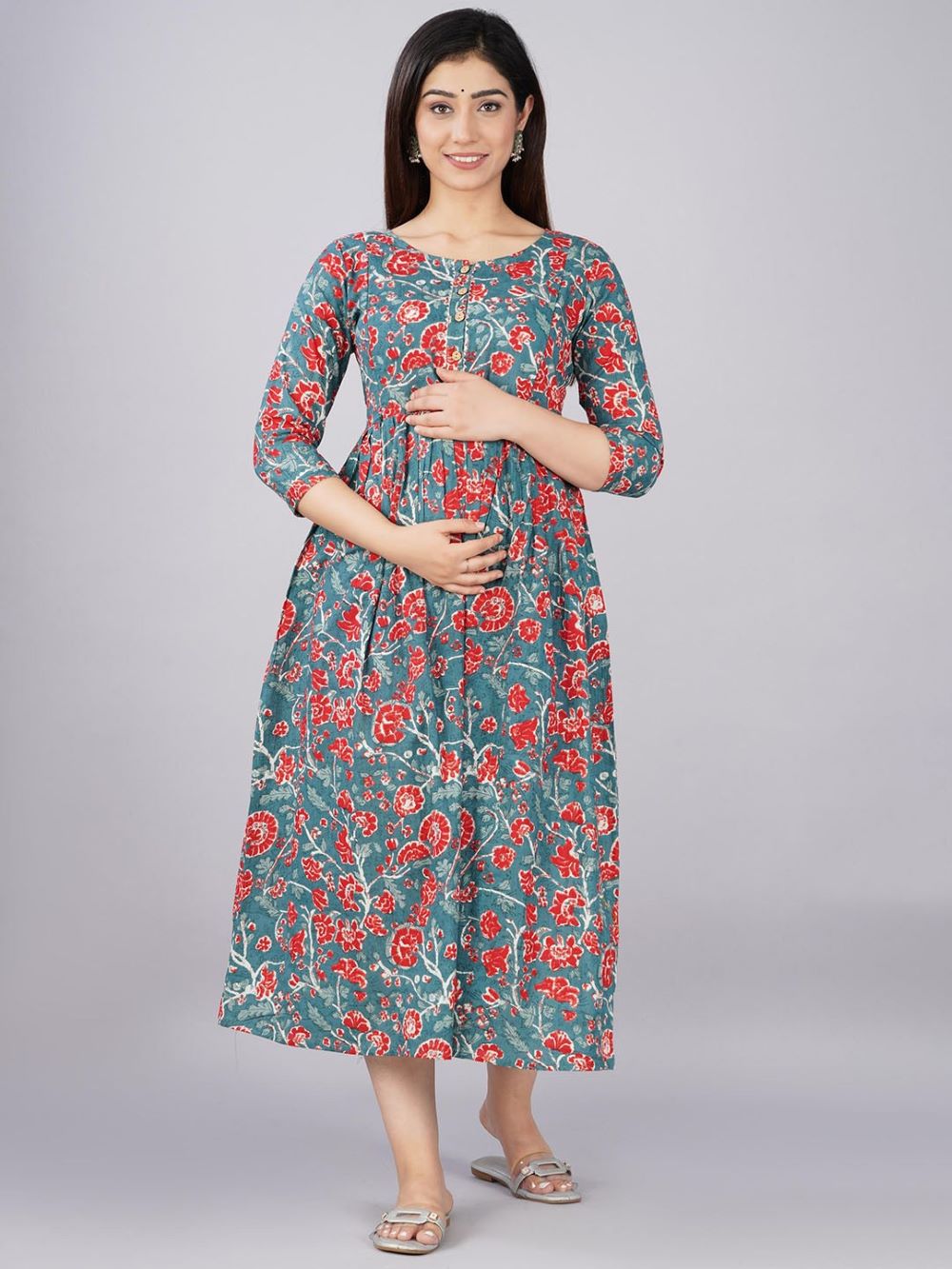 Janya Stunning Floral Printed Round Neck Cotton Fit & Flare Maternity Midi Dress