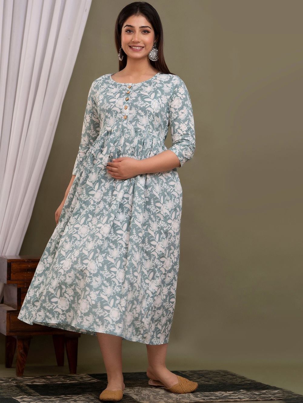 Harita Stunning Floral Printed Round Neck Cotton Fit & Flare Maternity Midi Dress