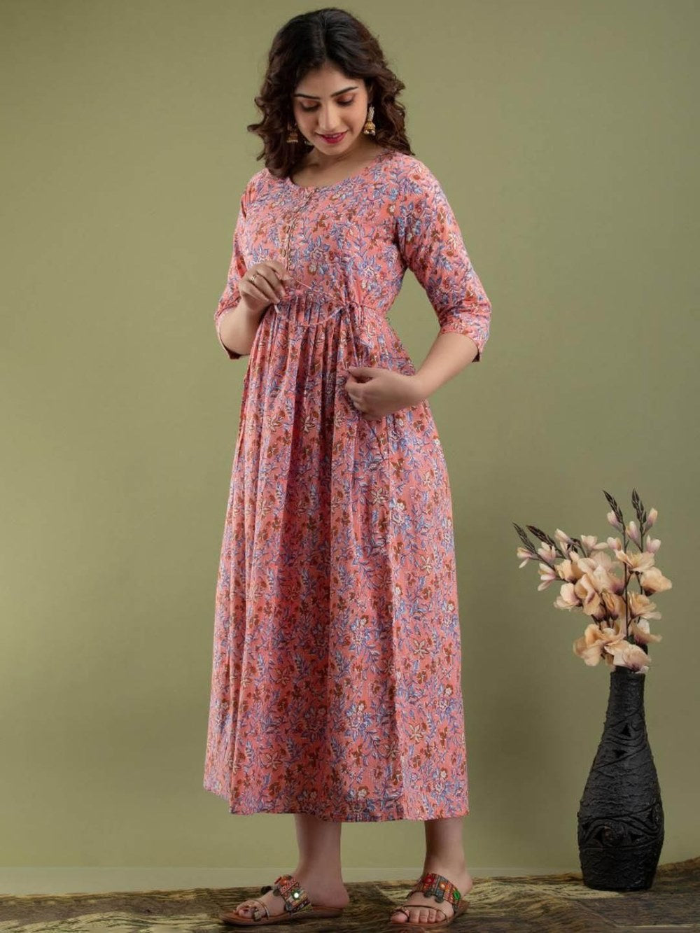 Prisha Stunning Floral Printed Round Neck Cotton Fit & Flare Maternity Midi Dress