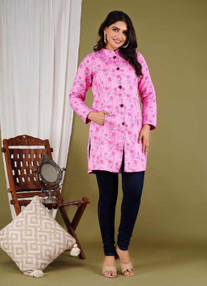 Reversible Cotton Printed Quilted Pink Jacket for Women & Girls