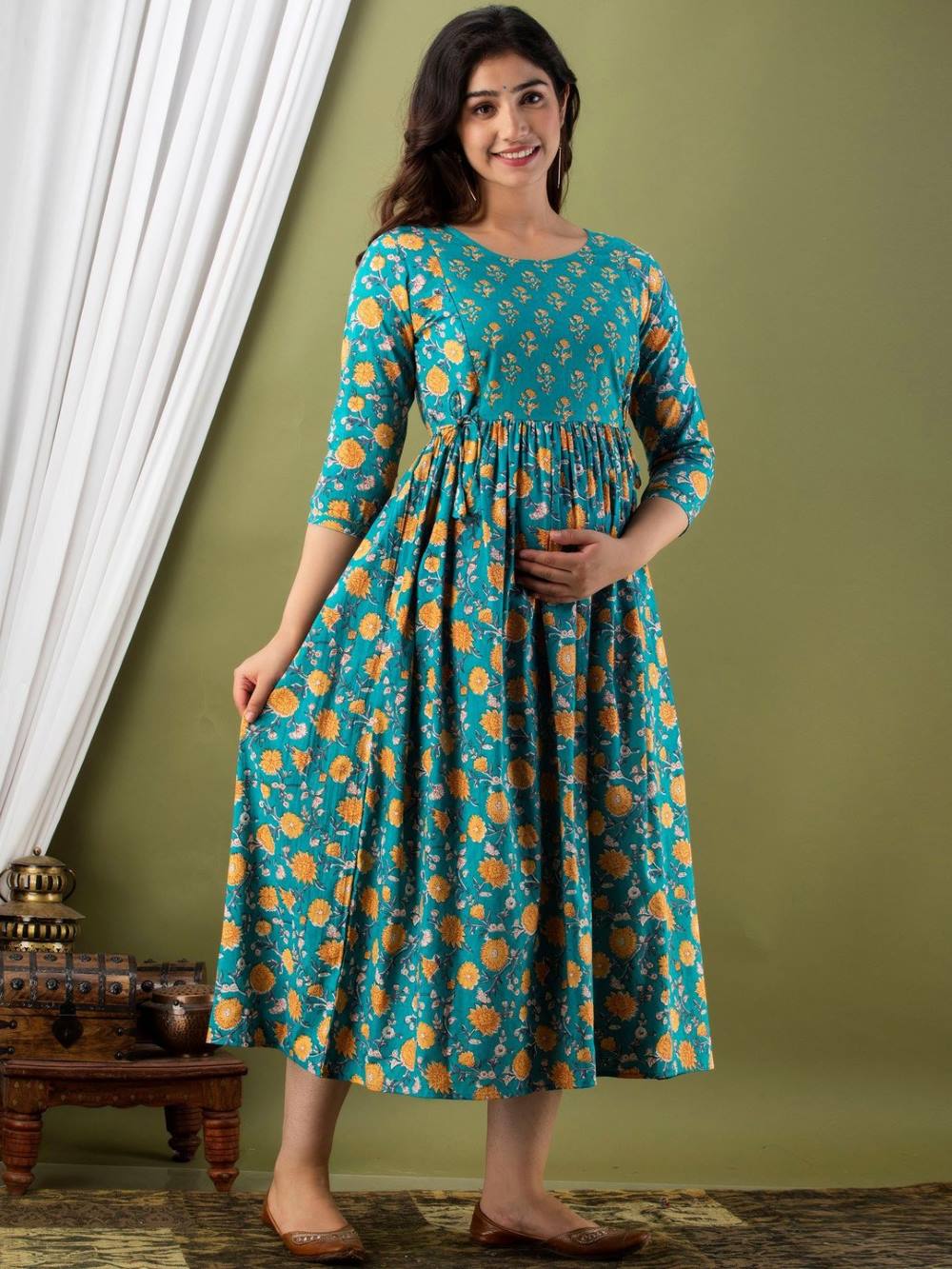 Nitara Stunning Floral Printed Round Neck Cotton Fit & Flare Maternity Midi Dress