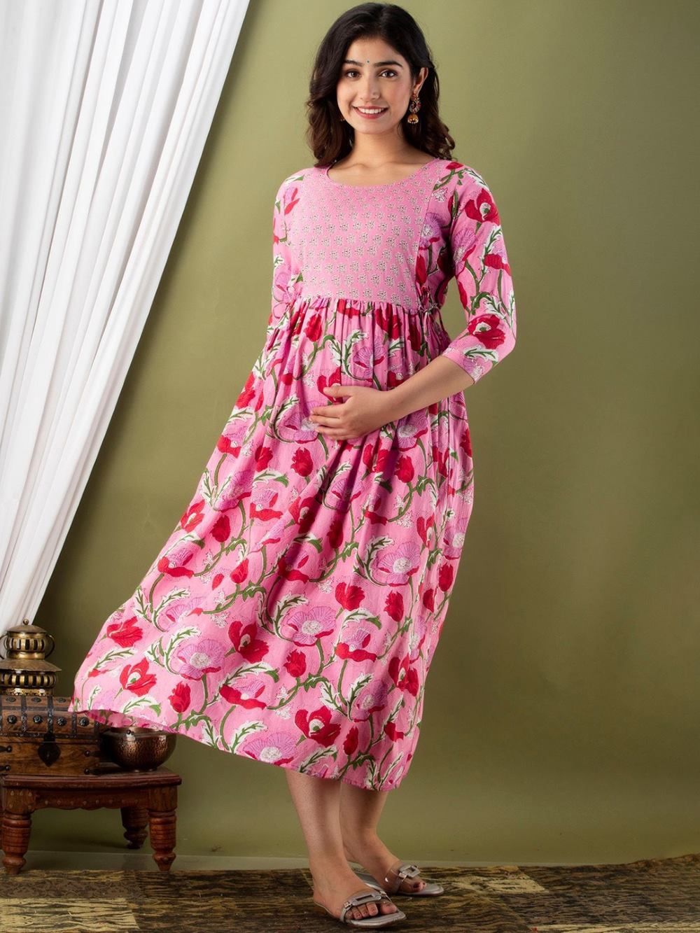 Pahal Stunning Floral Printed Round Neck Cotton Fit & Flare Maternity Midi Dress