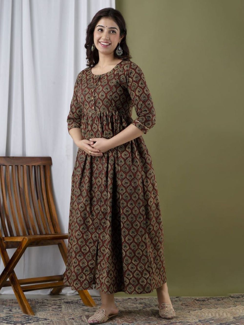 Garima Stunning Floral Printed Round Neck Cotton Fit & Flare Maternity Midi Dress