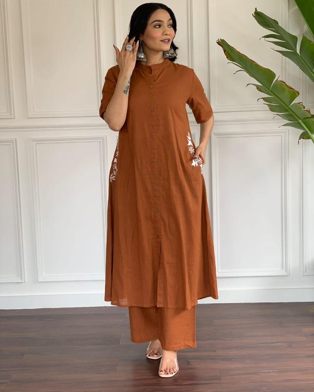 Ankita Brown Floral Embroidered South Cotton Kurta and Palazzo Set with two Side Pocket Kurtisthan