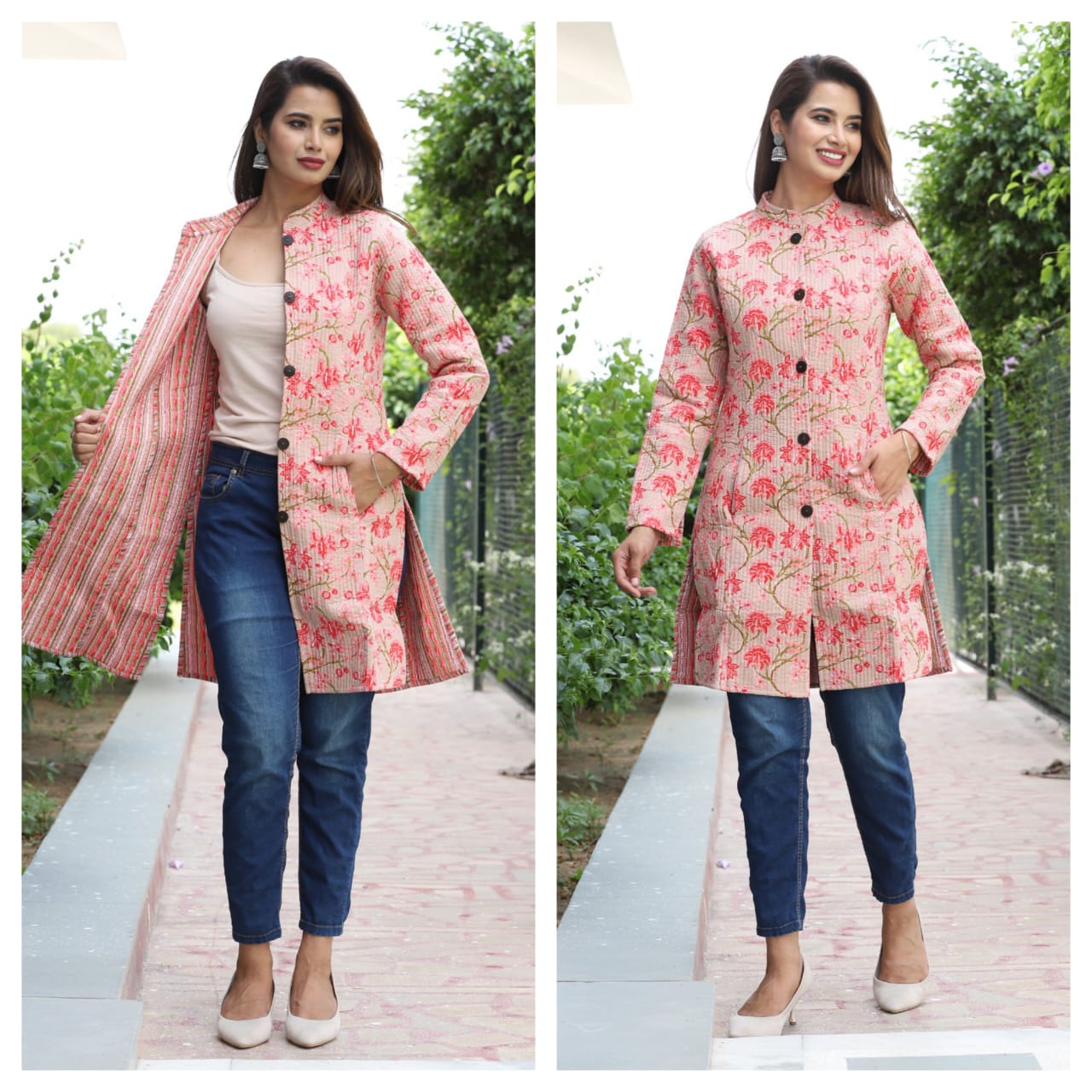 Reversible Cotton Printed Quilted Beige Jacket for Women & Girls