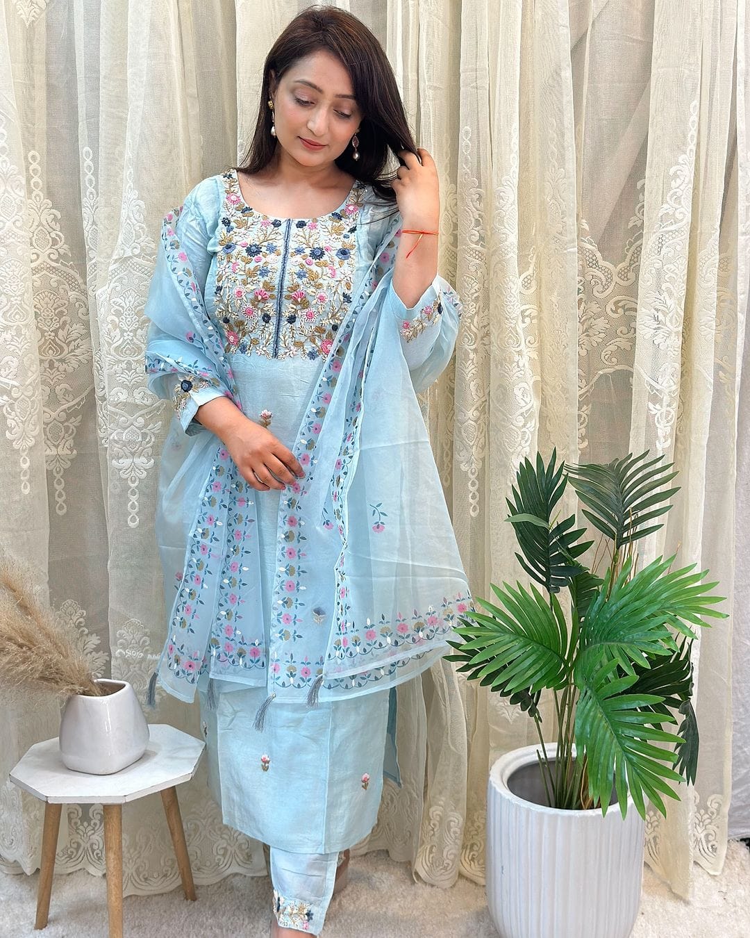 Bandani Beautiful Sky Blue Embroidered Yoke Pure Chanderi Silk Suit Set