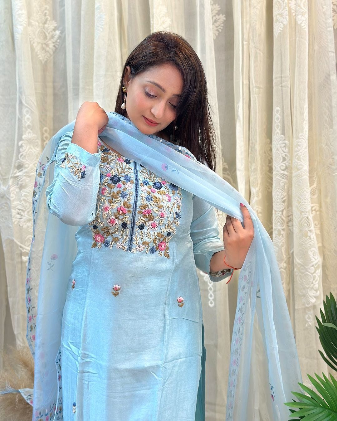 Bandani Beautiful Sky Blue Embroidered Yoke Pure Chanderi Silk Suit Set