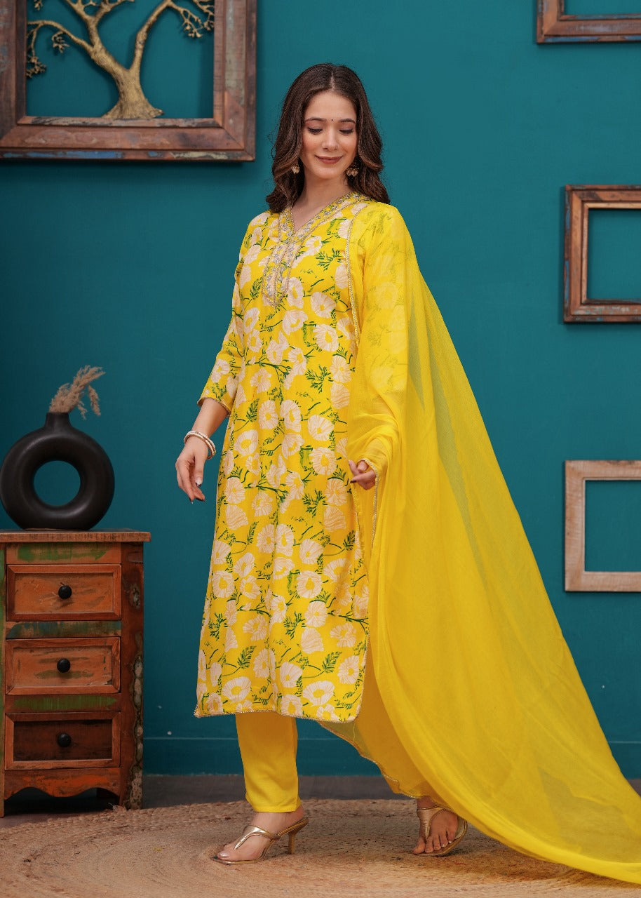 Akshara Beautiful Yellow Floral Embroidery & Print Heavy Rayon Kurta Pant with Dupatta